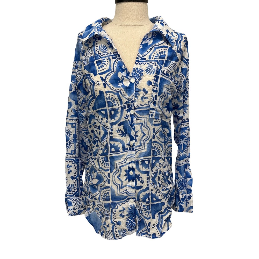 Peach Blue White Tile Print Button Down Shirt Women Large Vacation Top Sheer